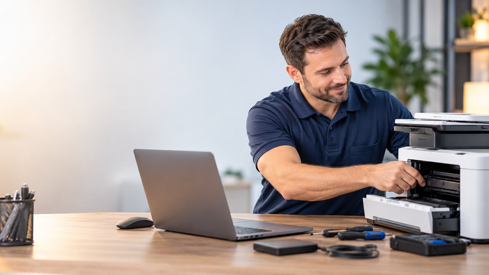 On-site technician setting up and troubleshooting a computer and printer